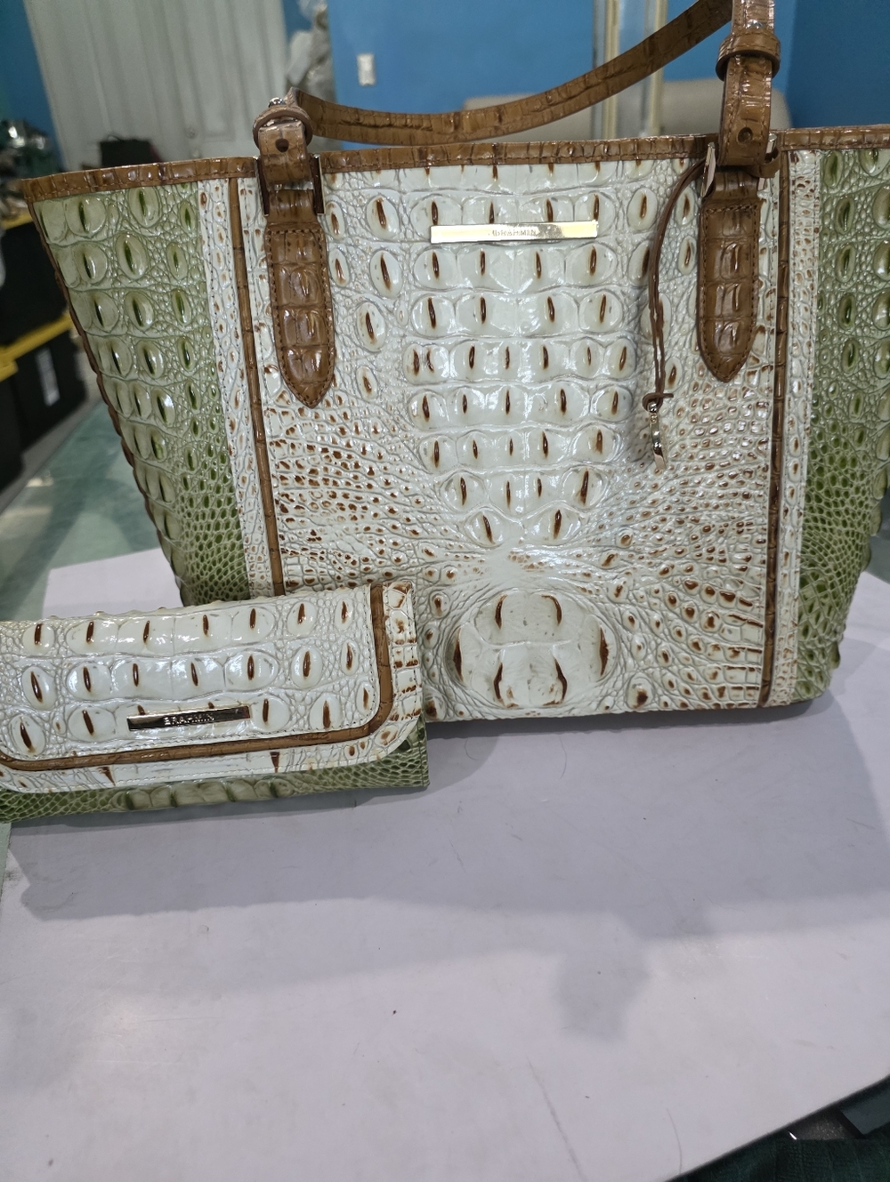 Brahmin New Asher Set Croc-Embossed Tote and Wallet Set in Green & Cream